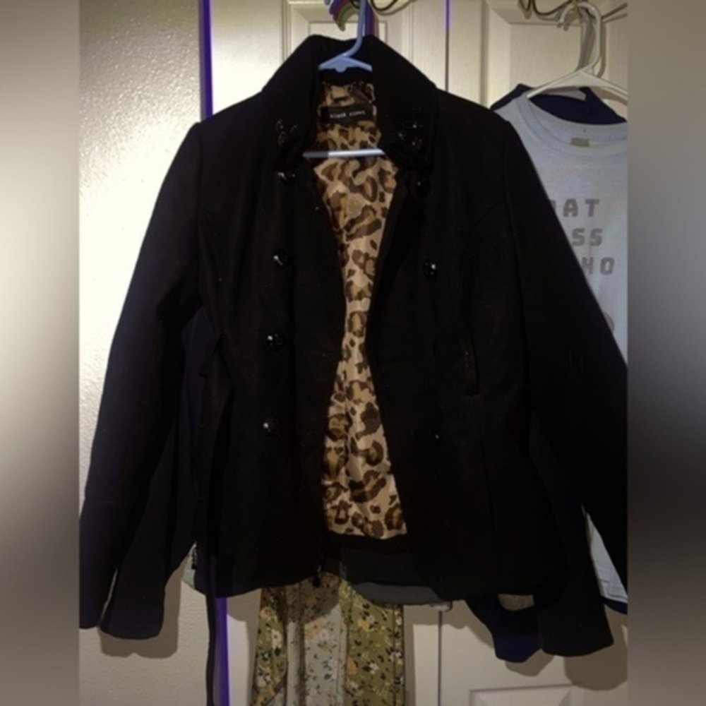 Black Rivet pea coat, black with animal print lining​